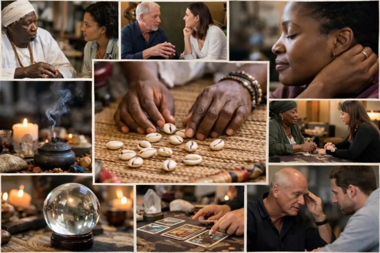 Collage authentique: marabout voyance prix. Coquillages, cristal, et clients divers pour services transparents en 2026.