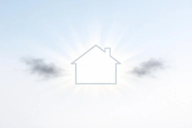 Illustration minimaliste d'une maison rayonnante repoussant les énergies négatives, pour la purification énergétique maison.