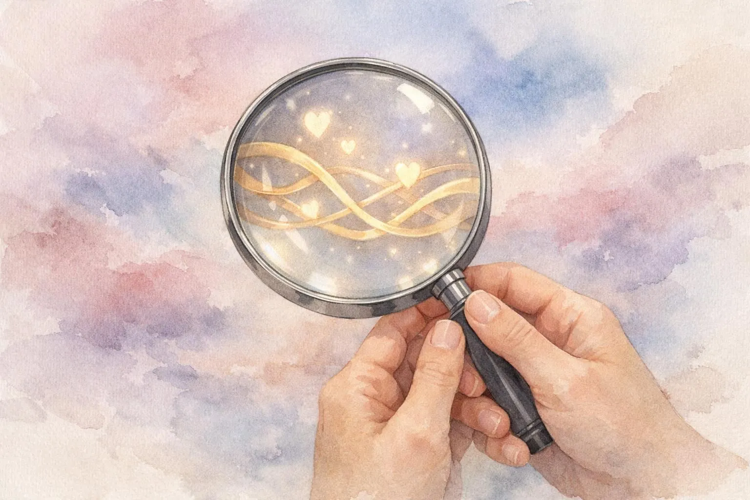 Illustration aquarelle: loupe évaluant un rituel de retour affectif puissant. Avis sur l'efficacité des pratiques.