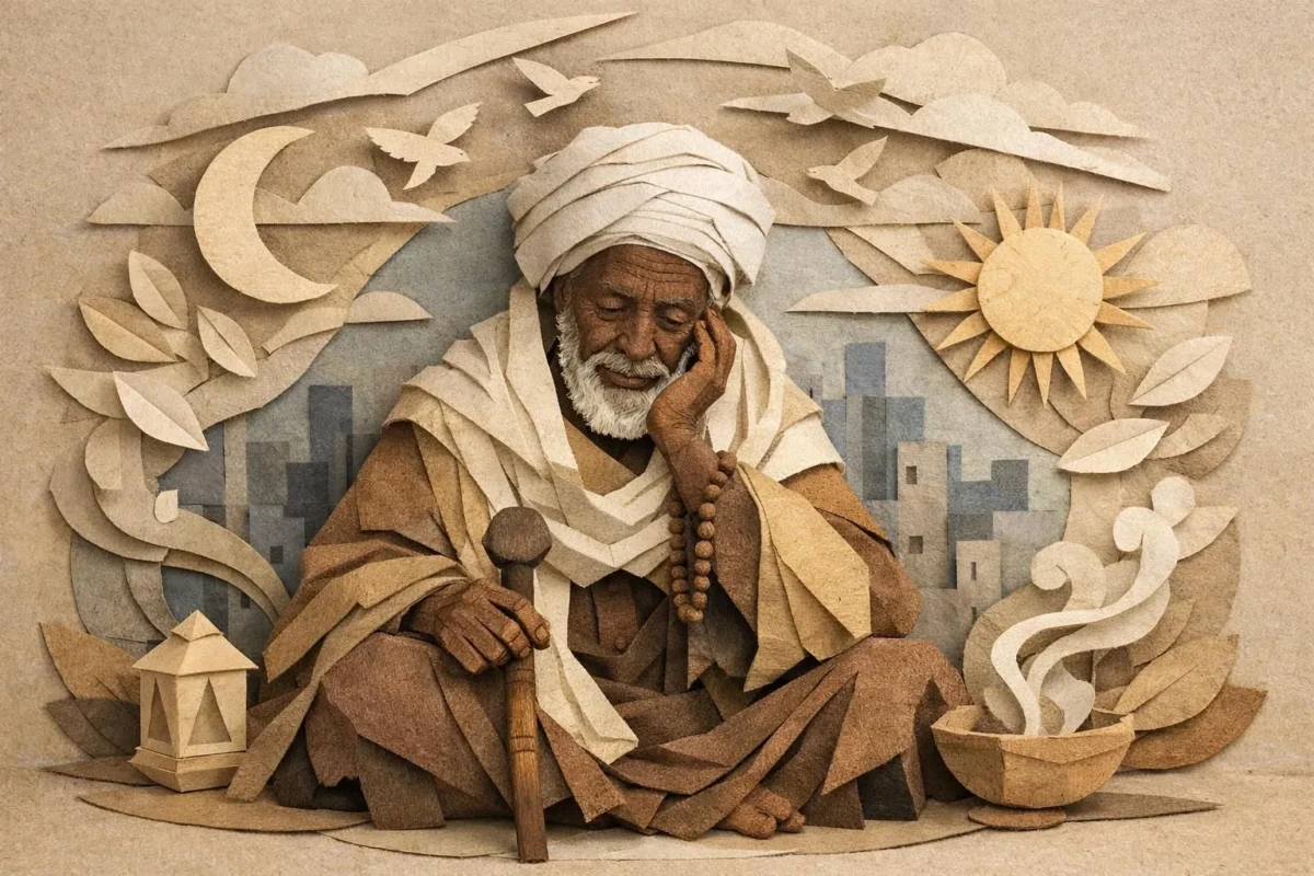 Marabout africain Lyon: illustration unique en paper craft d'un guide spirituel offrant aide et sagesse.