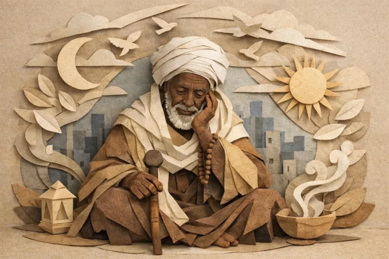 Marabout africain Lyon: illustration unique en paper craft d'un guide spirituel offrant aide et sagesse.