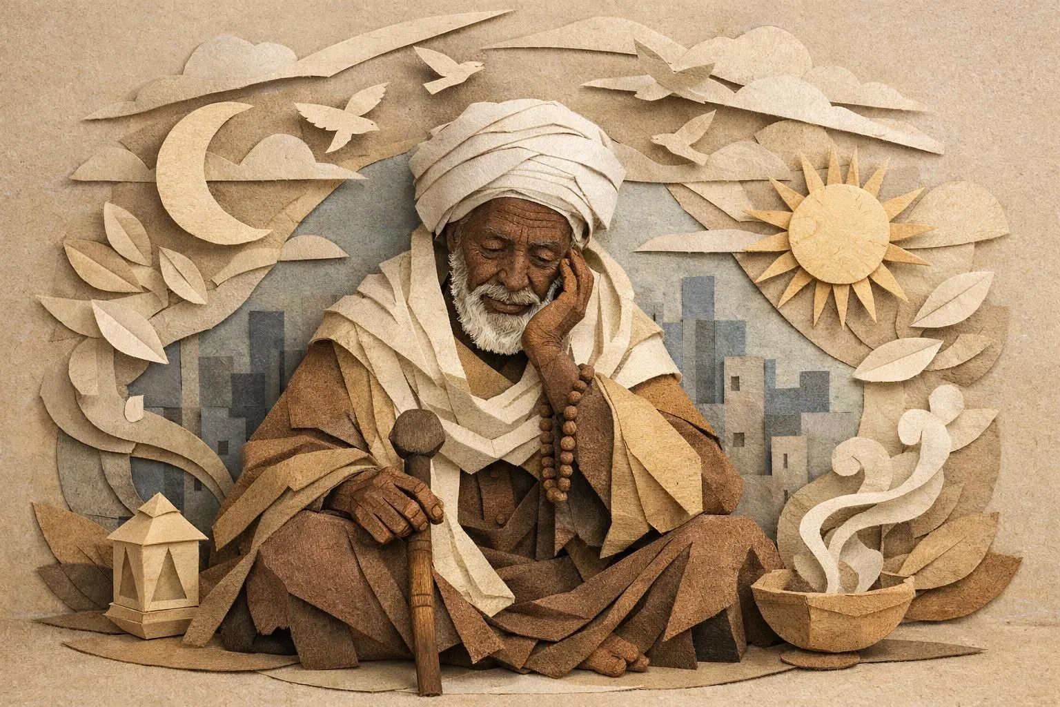 Marabout africain Lyon: illustration unique en paper craft d'un guide spirituel offrant aide et sagesse.