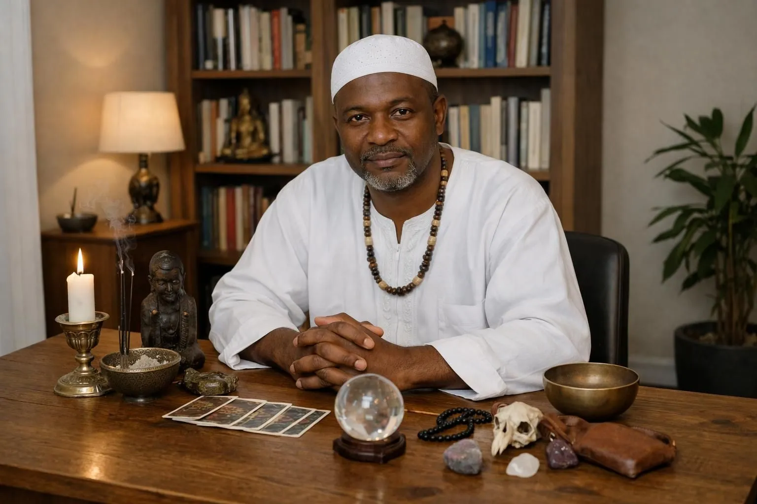A welcoming consultation space with a marabout voyant practitioner seated at a wooden table across from a client, traditional spiritual objects like cowrie shells and candles visible on the table, warm lighting creating an intimate atmosphere, soft focus background showing bookshelves with spiritual texts, professional yet mystical setting for marabout voyance services in Paris