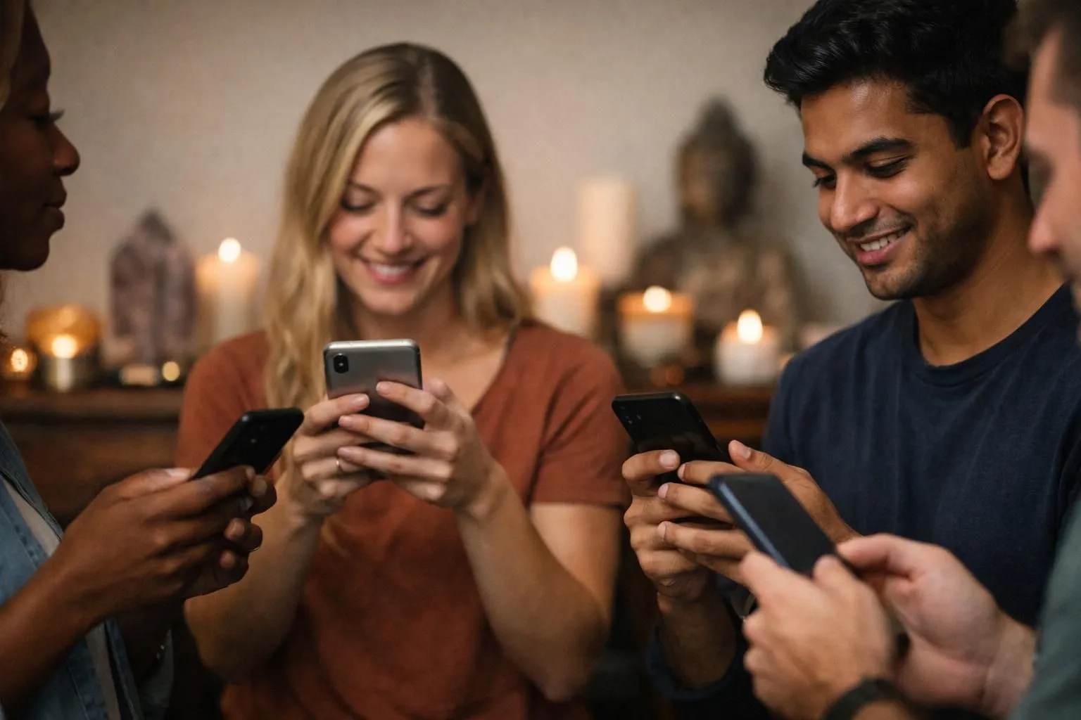 Close-up of diverse hands holding smartphones displaying star ratings and review comments, with subtle candles and spiritual symbols softly blurred in background, warm dramatic lighting emphasizing emotional tension between skepticism and hope