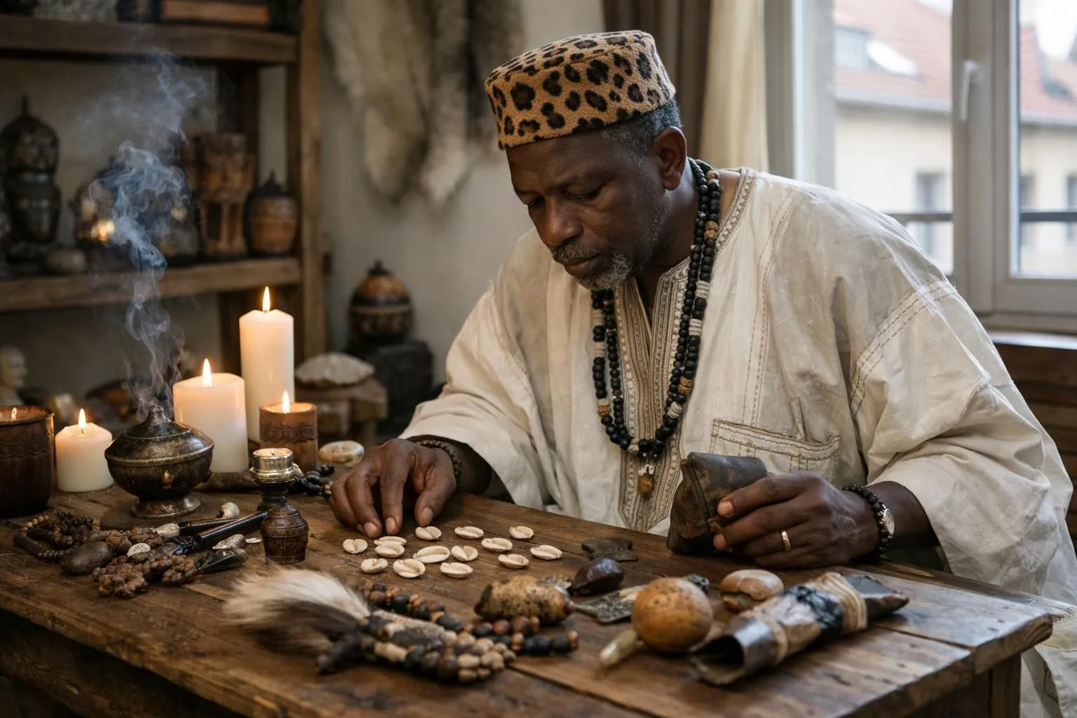 Marabout africain en tenue traditionnelle colorée consultant des cauris et objets rituels sur une table en bois dans un espace spirituel chaleureux avec bougies et encens à Lyon, ambiance authentique et respectueuse des traditions, éclairage tamisé naturel