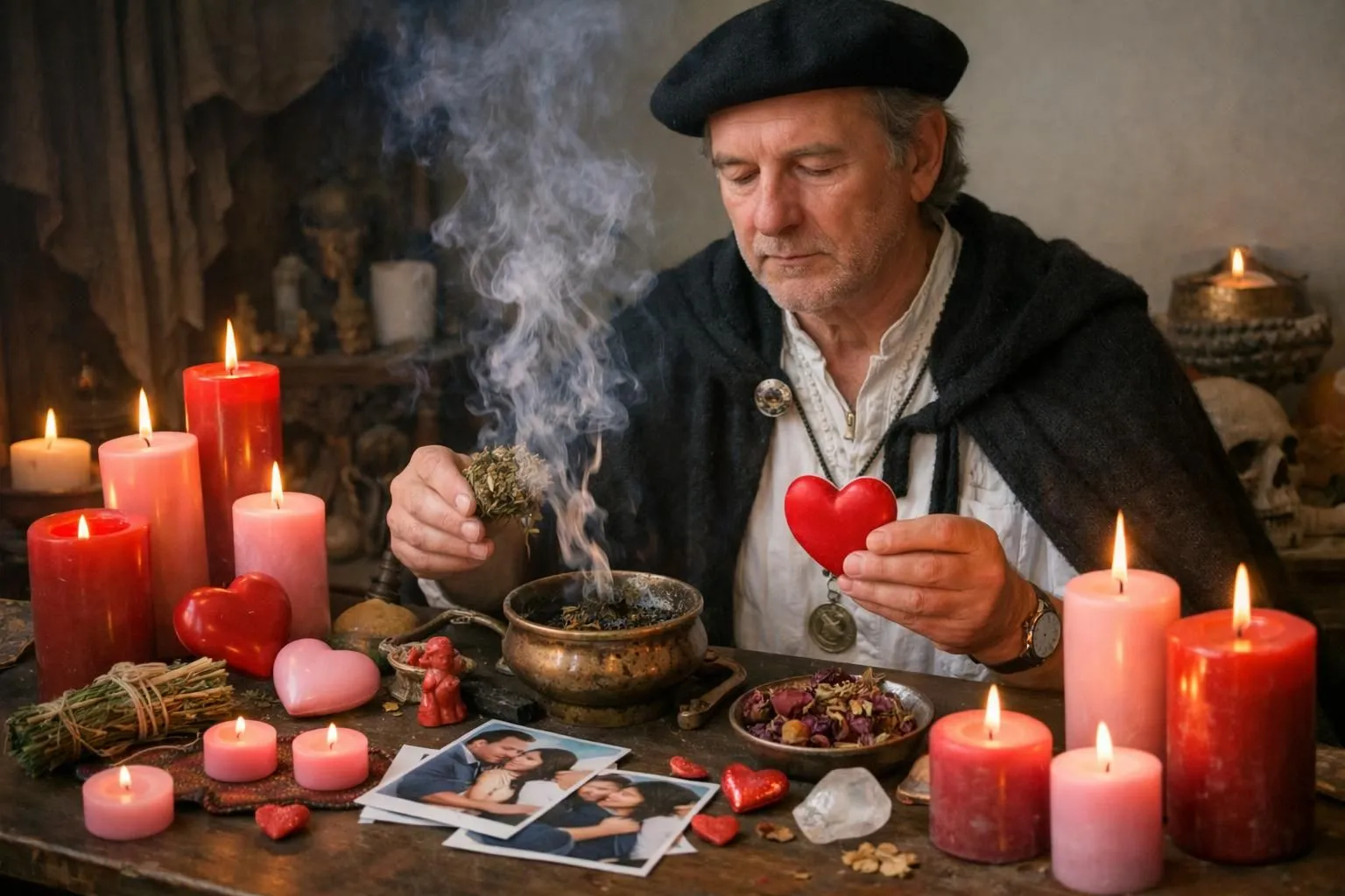 French spiritual practitioner in traditional attire performing affective return ritual with red and pink candles, symbolic objects including photographs and heart-shaped items, herbs and incense smoke in a dimly lit ceremonial space with mystical atmosphere
