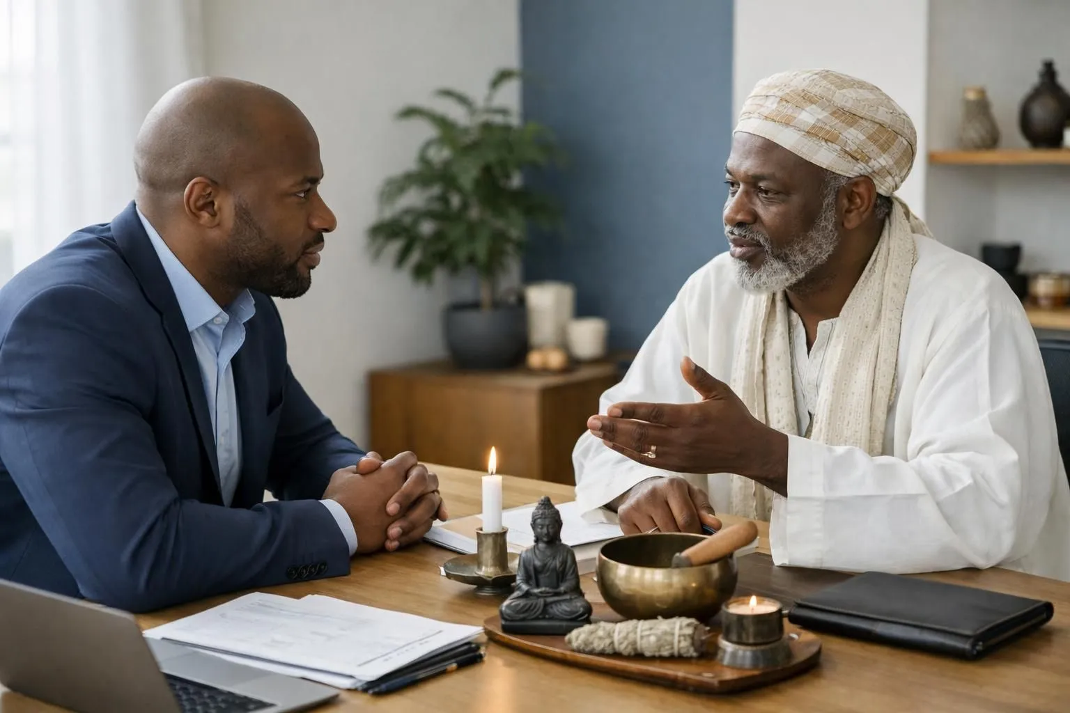 Professional African entrepreneur in elegant modern office consulting with spiritual advisor, traditional spiritual objects and business documents visible on desk, atmosphere of serious consultation and cultural respect, photorealistic style