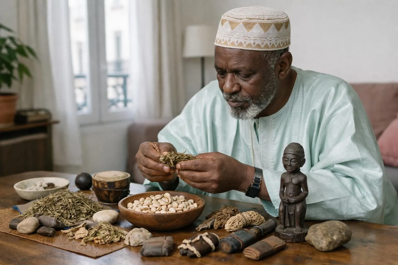 An experienced West African spiritual healer in traditional colorful robes examining authentic ritual materials (herbs, cowrie shells, wooden artifacts) on a consultation table in a modest Parisian apartment setting, warm natural lighting, documentary photography style