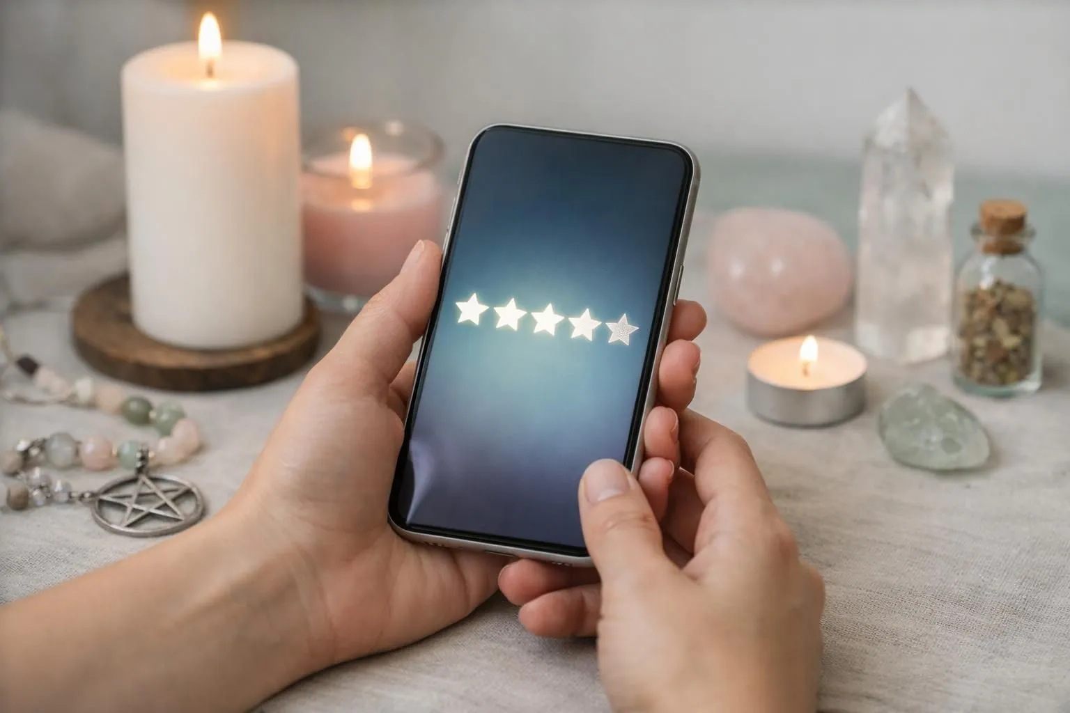 Hands holding a glowing smartphone displaying star ratings and testimonial reviews, surrounded by soft candlelight and spiritual symbols, representing trust validation in choosing love spell practitioners