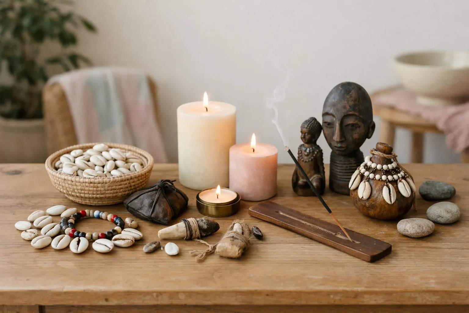 Interior of traditional African spiritual consultation room in Lyon showing wooden table with cowrie shells, candles, ritual objects, protective talismans, and incense burners arranged ceremonially