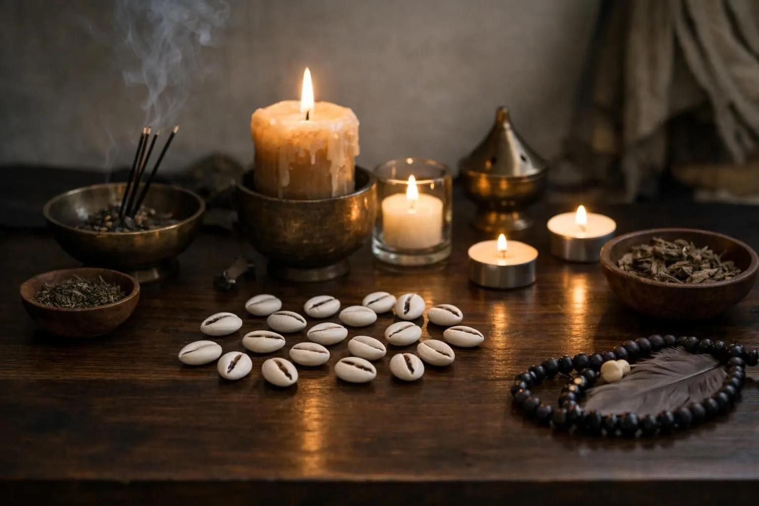Traditional African spiritual consultation room with authentic wooden table, ritual candles in warm amber lighting, sacred cowrie shells scattered naturally, incense smoke rising gently, soft shadows creating intimate atmosphere of marabout practice, no text or symbols visible