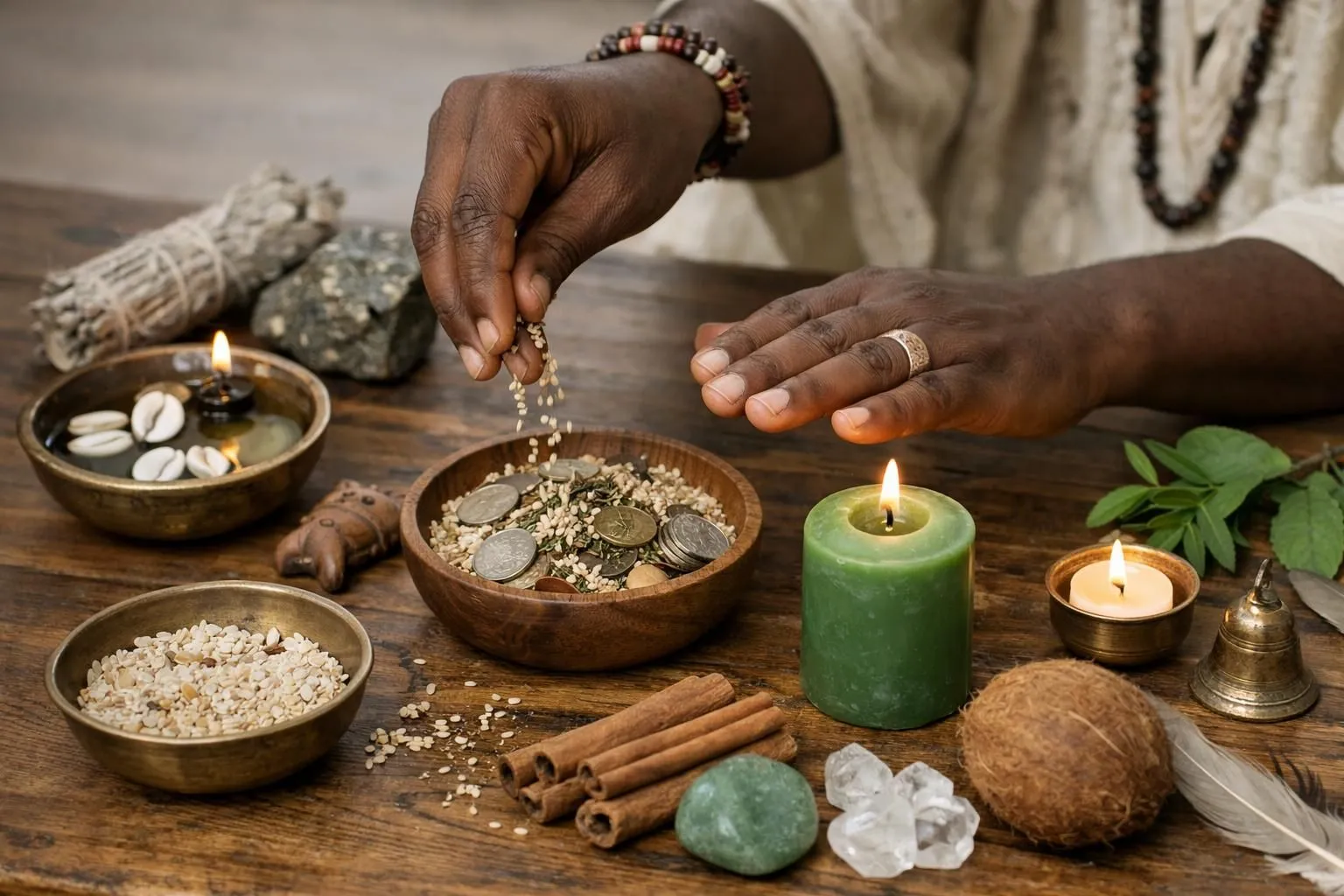 African spiritual healer performing traditional business prosperity ritual with candles, cowrie shells, incense smoke, sacred herbs and natural elements arranged on wooden surface, authentic ceremonial atmosphere with warm lighting