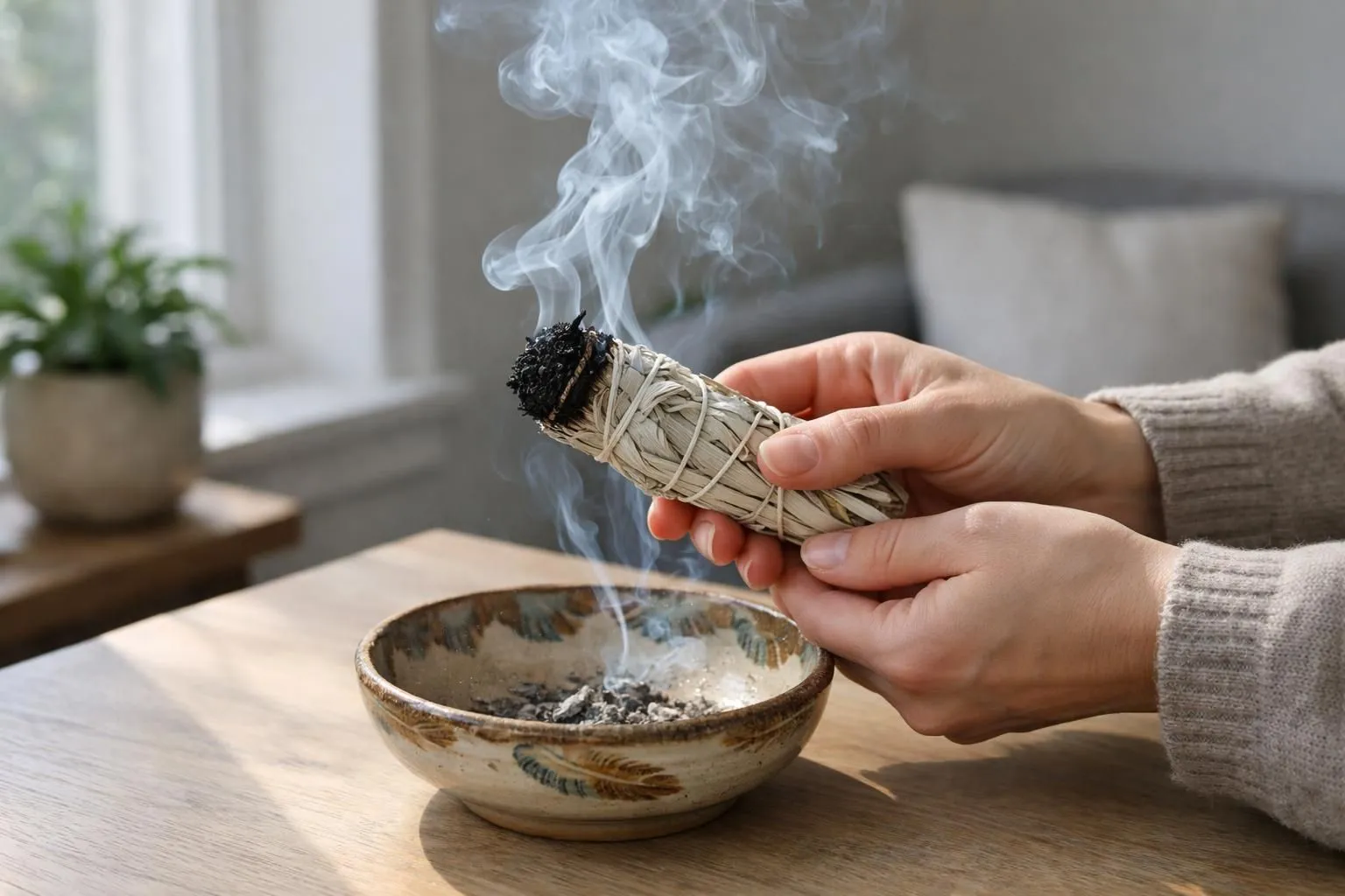 Interior shot of hands holding burning white sage bundle with rising smoke trails, traditional ceramic bowl catching ashes, warm natural window lighting illuminating the purification ritual in modern home setting, spiritual cleansing ceremony