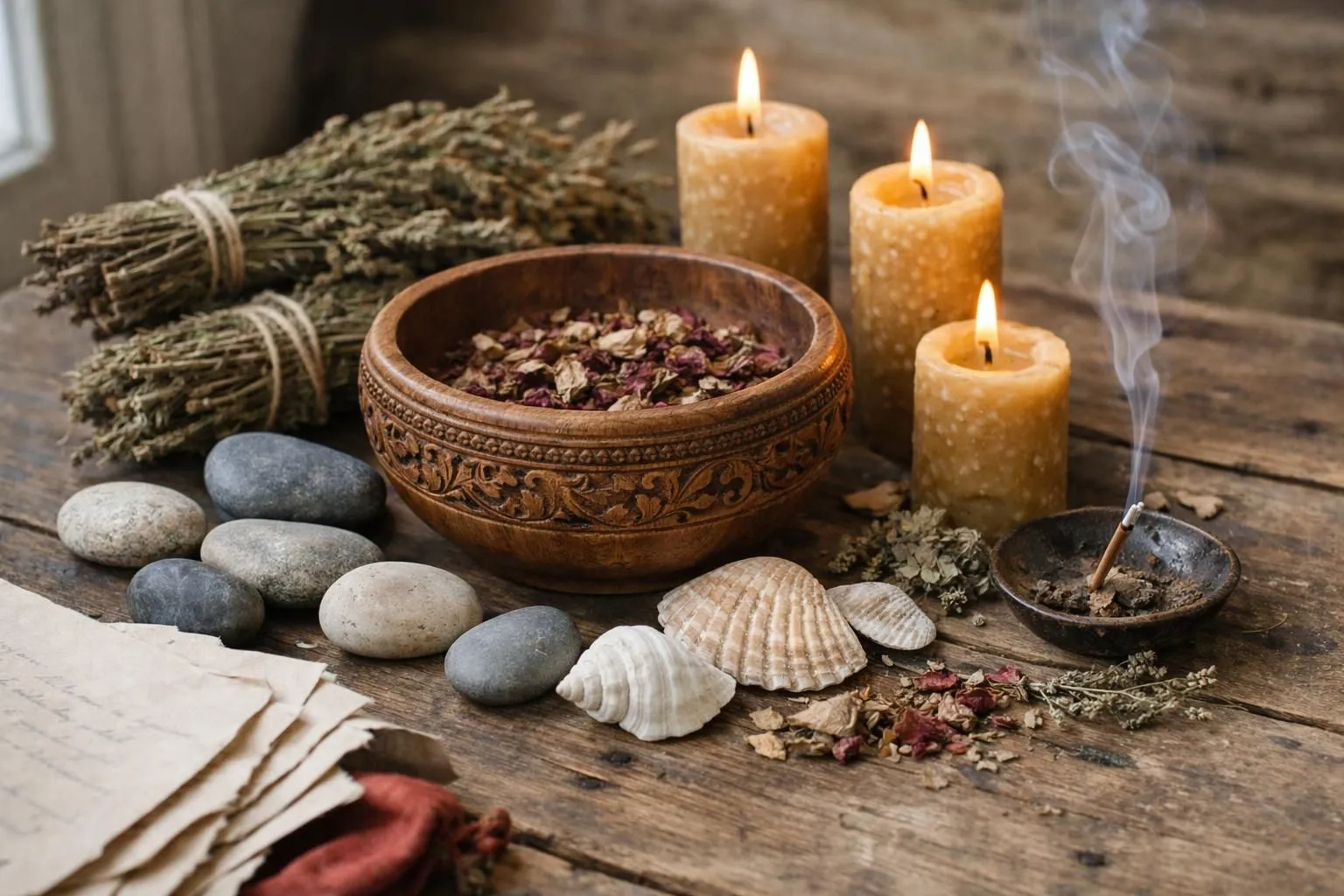 A marabout's consultation room showing traditional spiritual implements: hand-carved wooden bowl containing blessed water, bundles of dried herbs tied with natural fibers, beeswax candles in brass holders, smooth river stones, cowrie shells arranged in geometric patterns, incense smoke rising, and handwritten prayers on parchment, all arranged on a woven mat under natural lighting, documentary photography style showing authentic spiritual practice tools used by a spécialiste retour affectif en france
