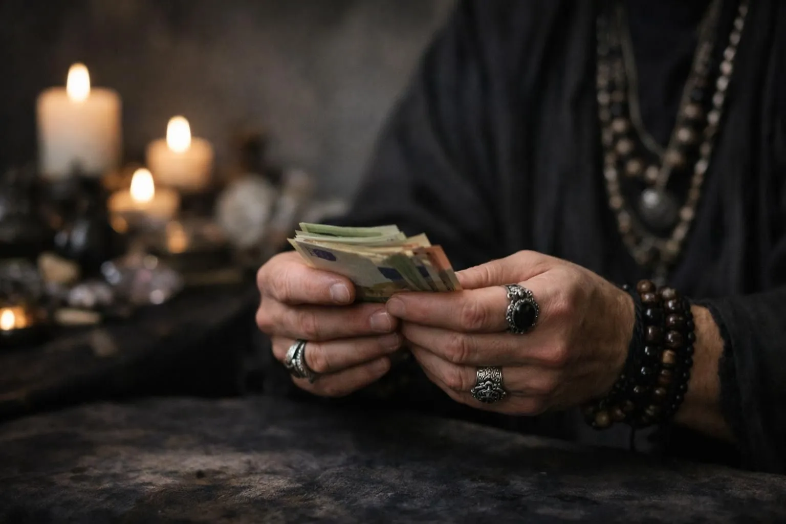 Une personne assise face à un bureau dans une pièce faiblement éclairée, tenant des billets d'euros avec une expression inquiète, face à un praticien spirituel aux gestes vagues, avec des bougies et objets rituels flous en arrière-plan, illustrant la méfiance lors d'une consultation de voyance ou avec un marabout, ambiance sombre et instable suggérant un risque d'arnaque
