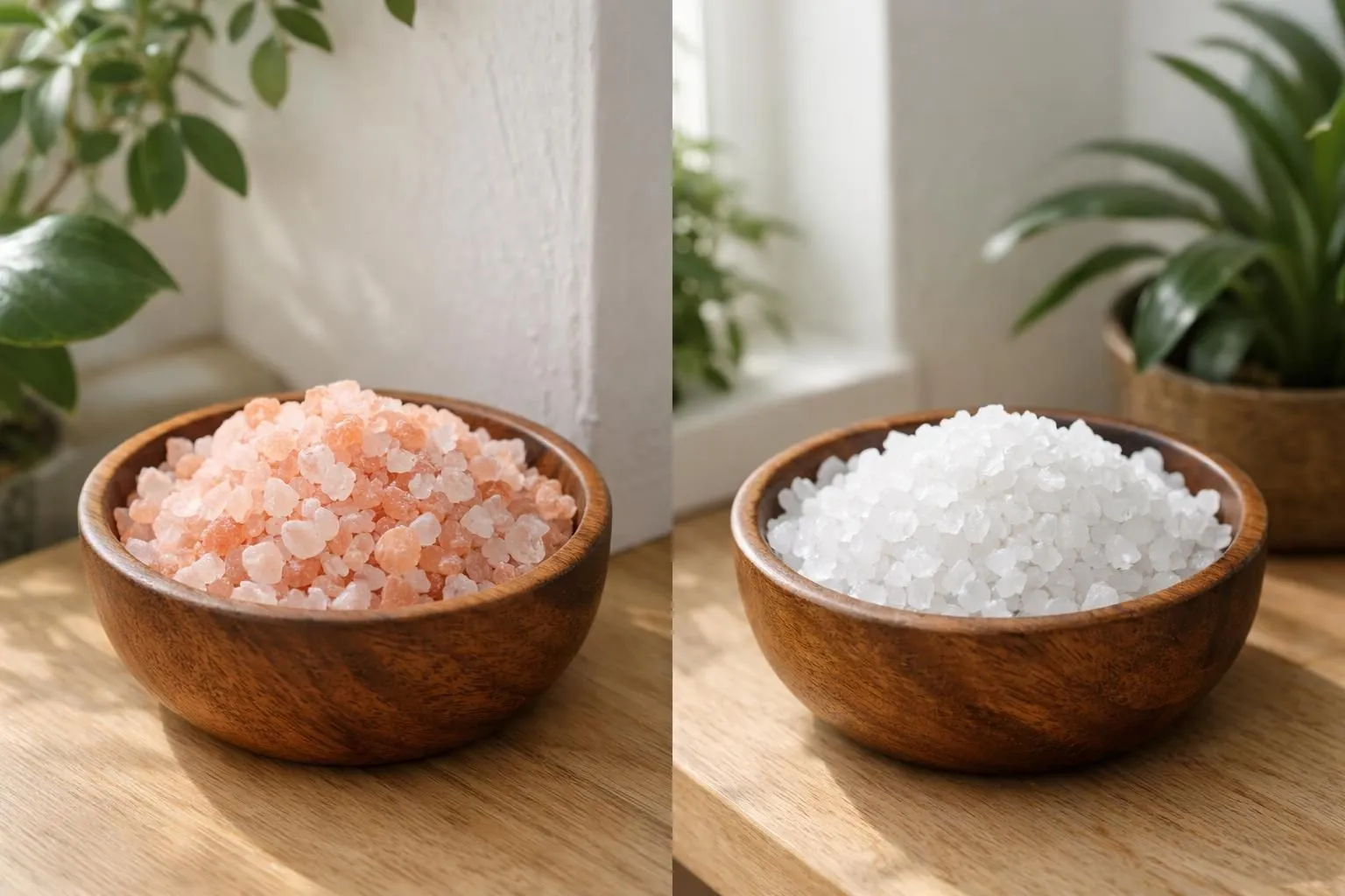 Wooden bowls filled with Himalayan pink salt and coarse sea salt positioned in room corners near doorways, natural lighting highlighting crystal texture, modern apartment interior with plants, energy cleansing ritual setup