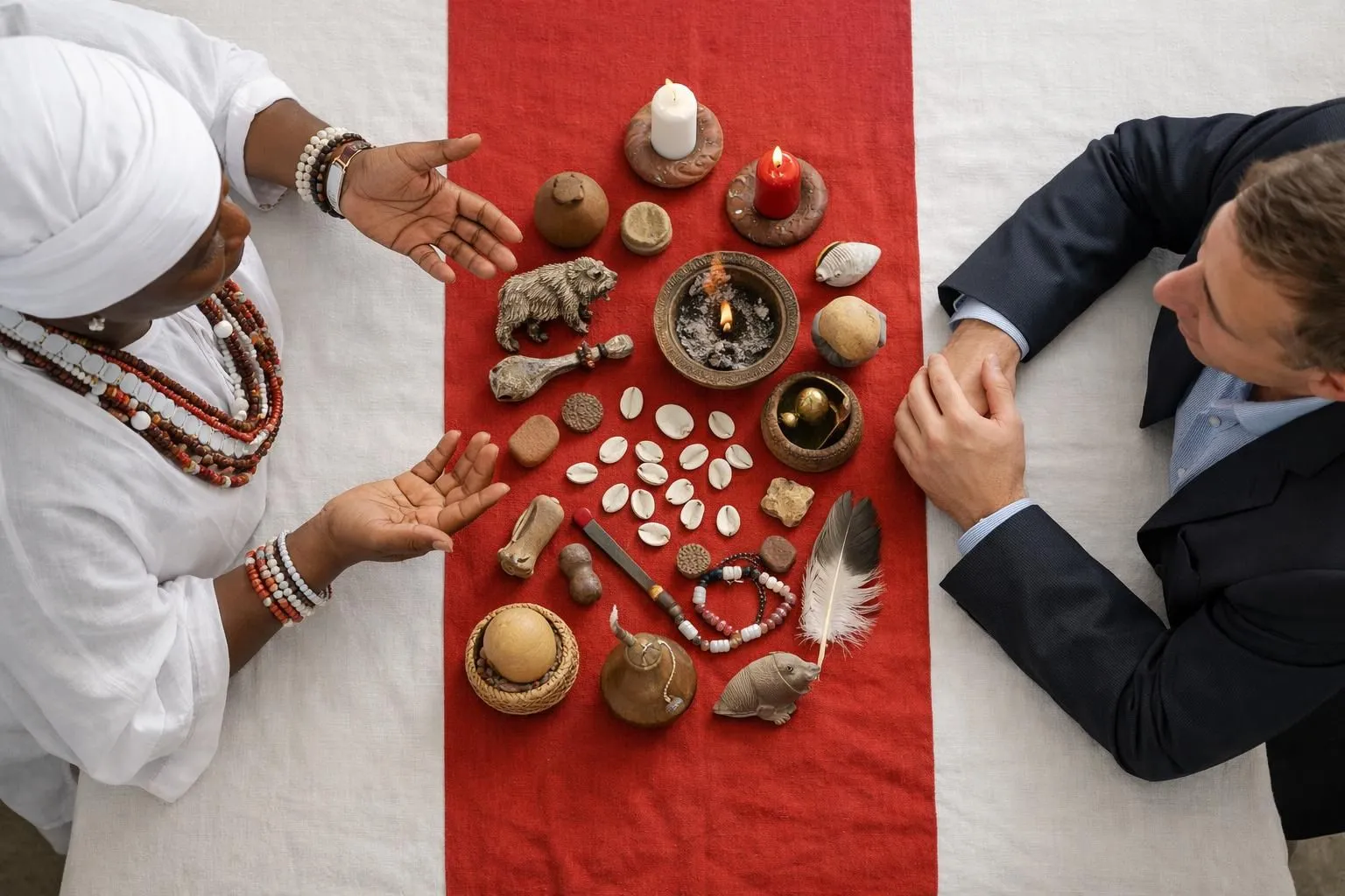 Serious African spiritual advisor in traditional white garments sitting across from business person in modern office setting, honest discussion atmosphere with ritual objects on table between them, authentic consultation scene showing transparency and trust