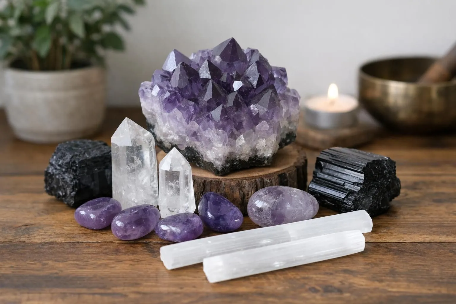 Healing crystals arrangement for home energy purification featuring amethyst geode, clear quartz points, black tourmaline and selenite wands on natural wooden altar with sage bundle, warm natural lighting, spiritual wellness practice