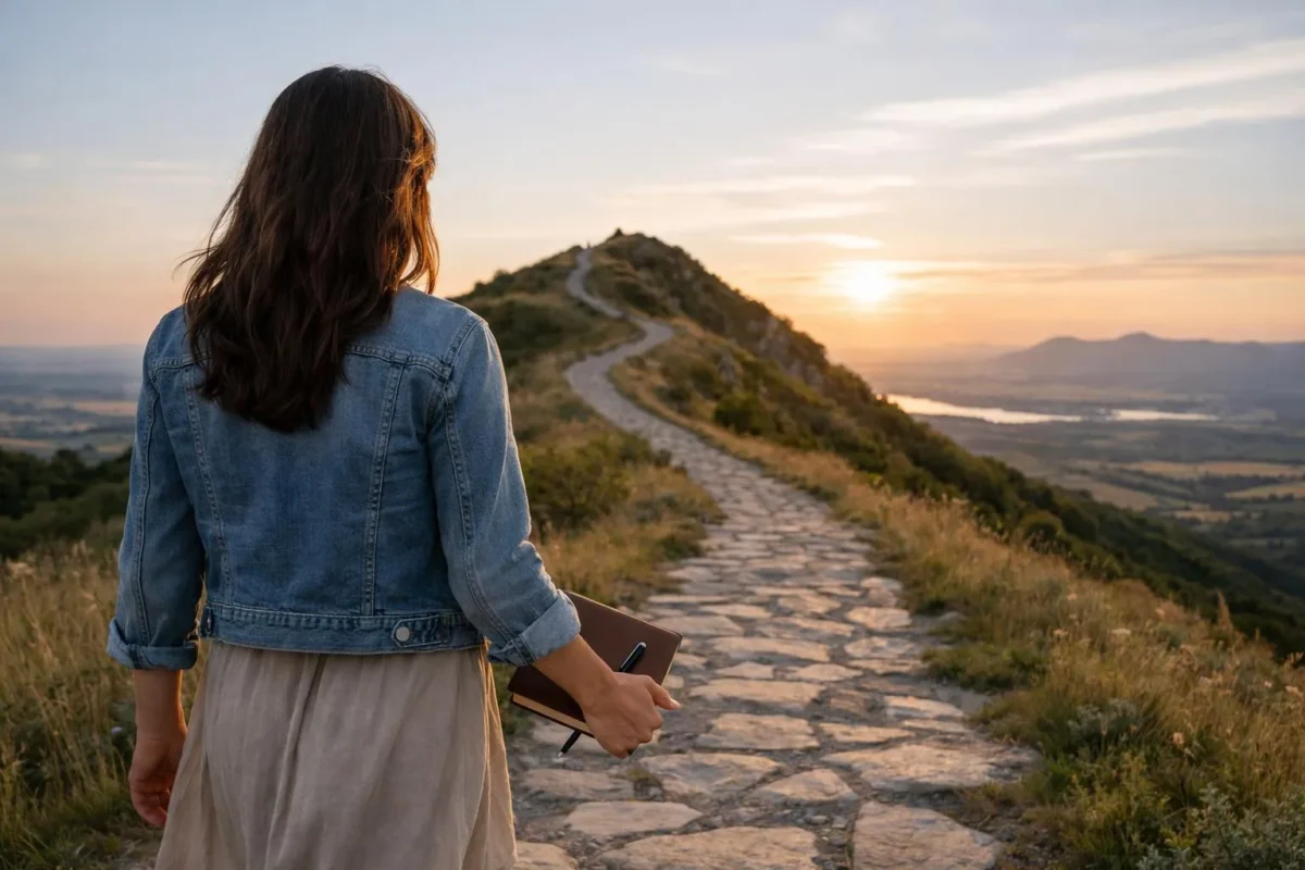 "Femme sur chemin de reconquête amoureuse avec cahier et stylo"