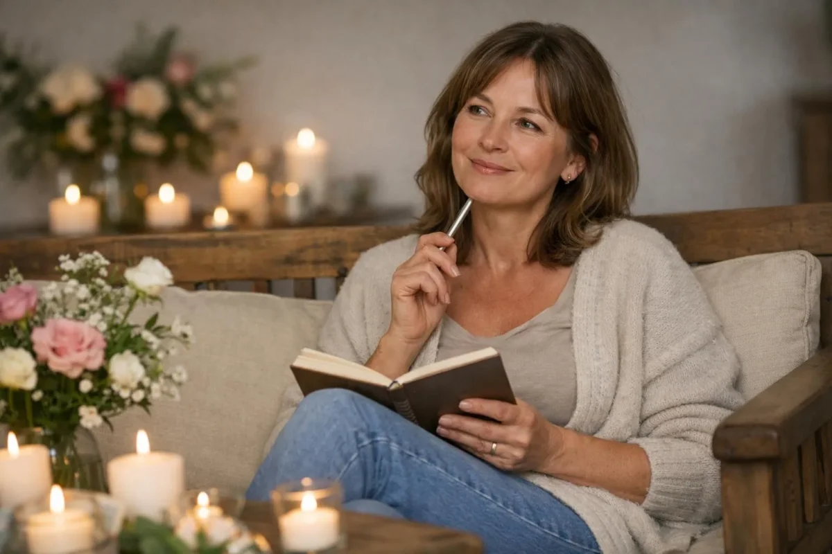 Femme pratiquant un rituel d'amour à faire soi même avec des bougies et des fleurs, dans un cadre intime et chaleureux.