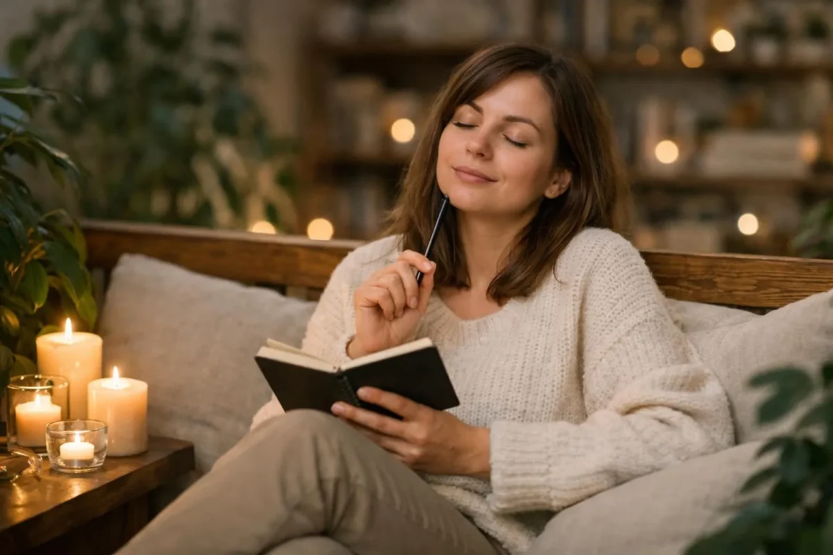 Femme en méditation avec bougies et plantes pour rituel de déblocage de situation difficile.