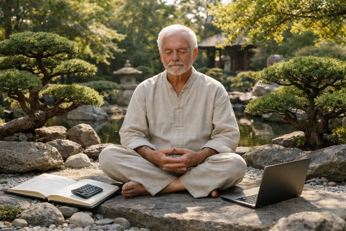 Femme âgée en méditation dans un jardin zen avec un ordinateur portable, résolution de litige financier par spiritualité.