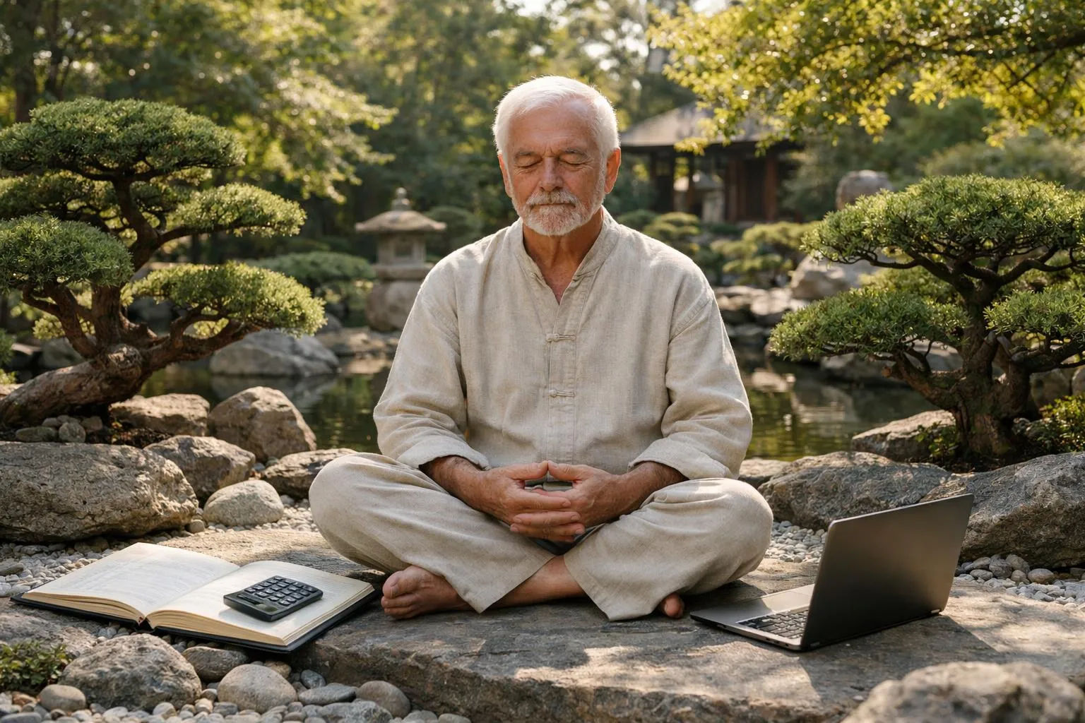 Femme âgée en méditation dans un jardin zen avec un ordinateur portable, résolution de litige financier par spiritualité.