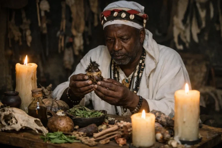 "Marabout africain préparant un rituel de méthode maraboutage traditionnel" Let me know if you need any adjustments!