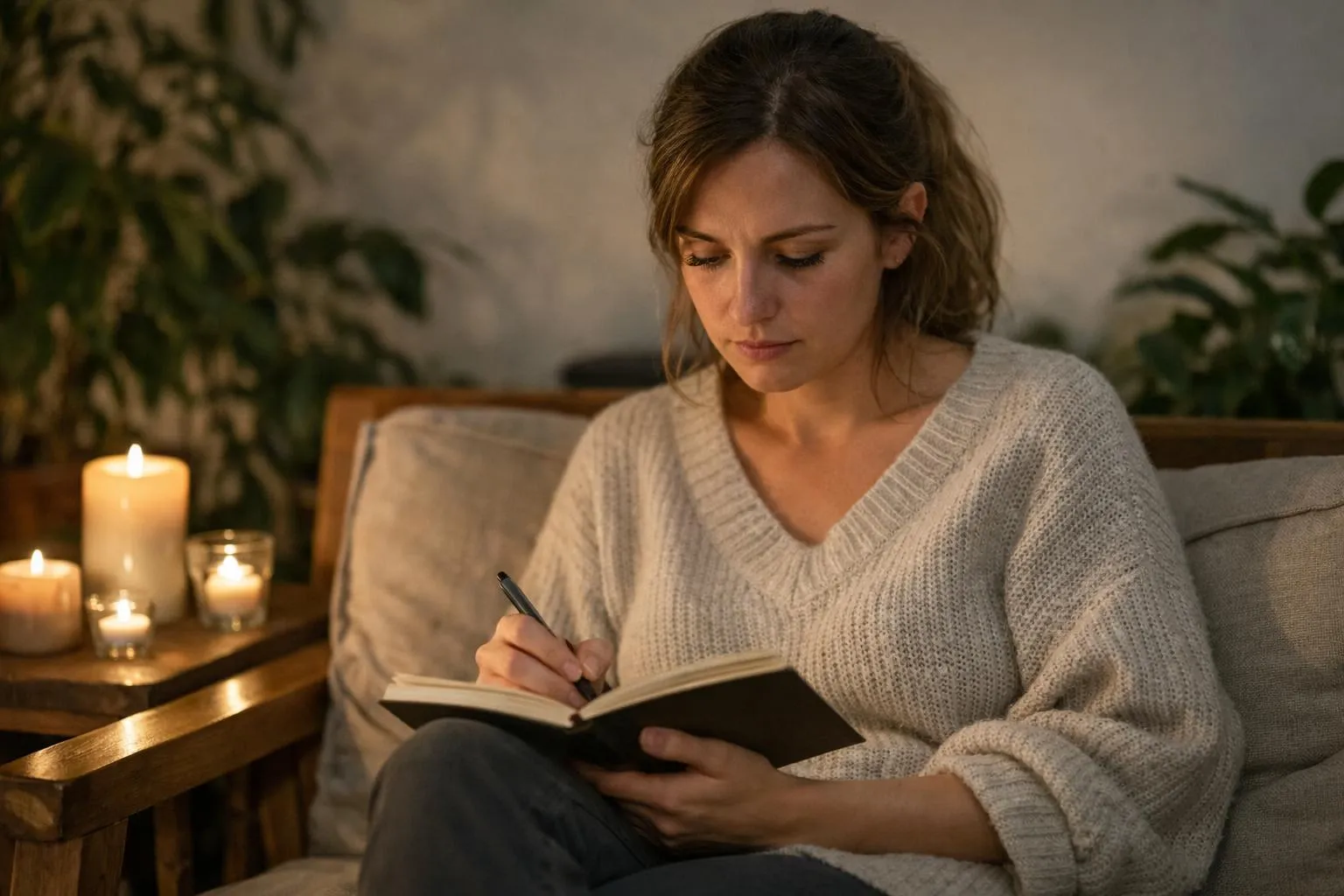 "Femme pensive avec cahier, vérifiant ses émotions pour savoir si elle est envoûtée"