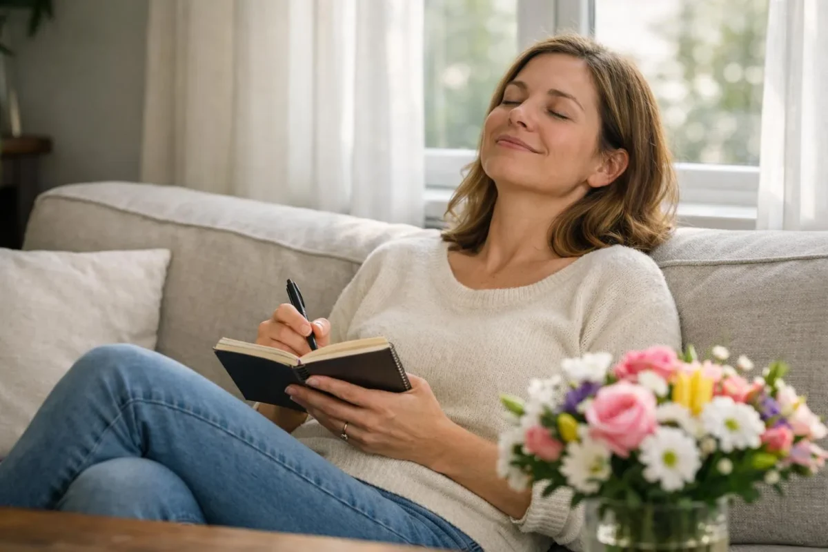 "Femme en train de pratiquer le désenvoûtement amour chez elle, avec un cahier et un stylo, entourée de lumière naturelle et