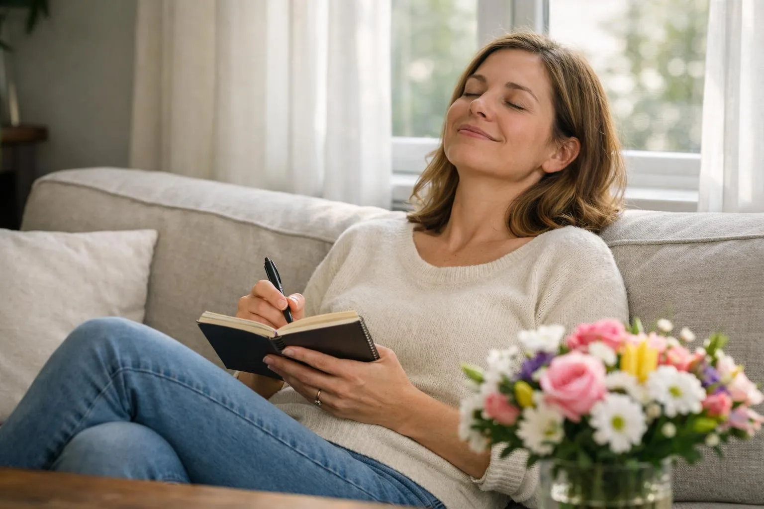 "Femme en train de pratiquer le désenvoûtement amour chez elle, avec un cahier et un stylo, entourée de lumière naturelle et