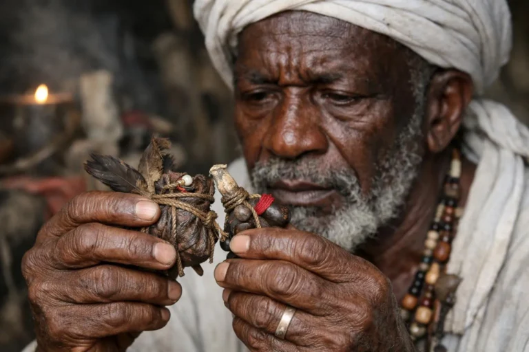 "Un marabout africain tenant un objet sacré traditionnel, concentré dans un rituel spirituel."