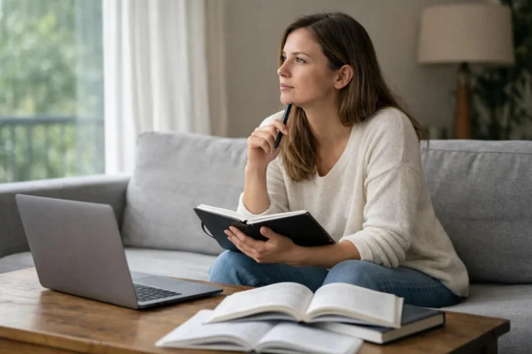 Femme réfléchit à son avenir professionnel avec cahier et ordinateur portable