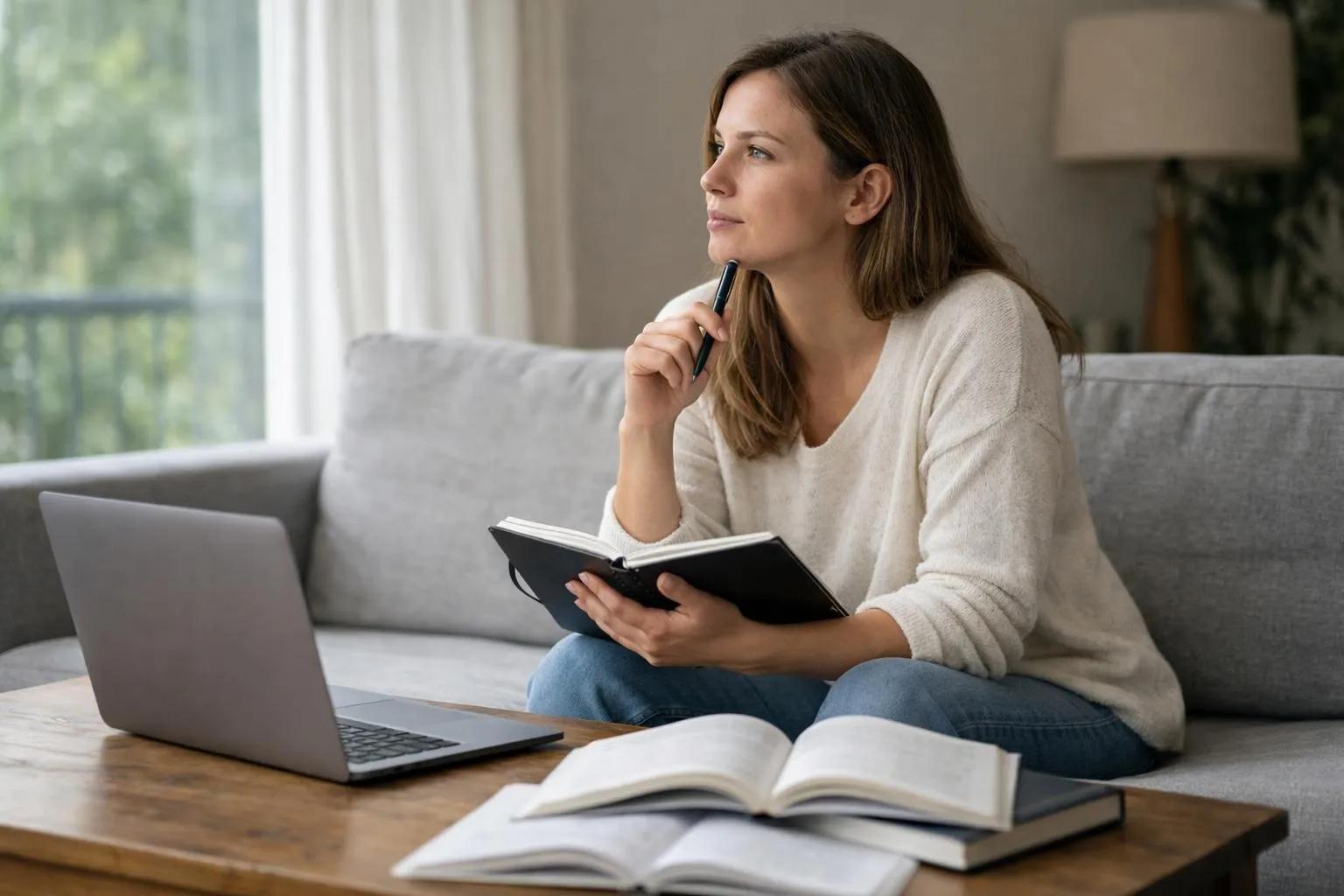 Femme réfléchit à son avenir professionnel avec cahier et ordinateur portable
