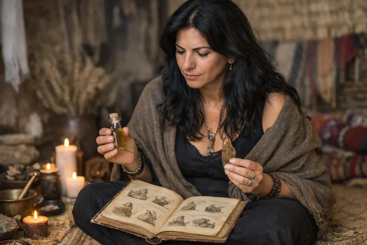 "Femme âgée pratiquant un rituel ancestral pour se protéger du mauvais œil avec des objets traditionnels"