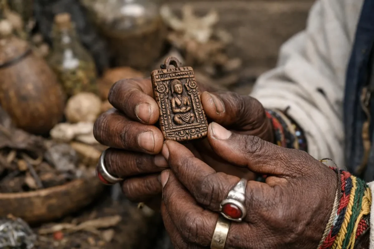 Marabout pour la santé, mains de guérisseur avec amulette traditionnelle africaine