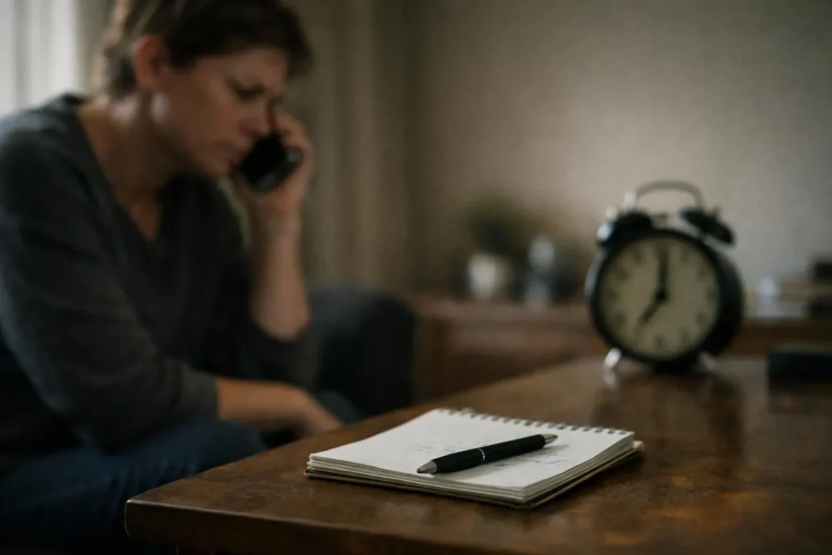 "Femme au téléphone avec inquiétude, recherche de réponses urgentes en voyance par téléphone"