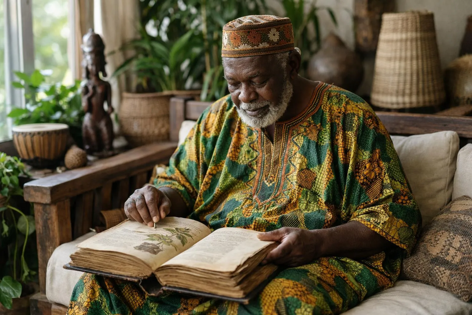 Marabout africain à Montréal, praticien traditionnel en train de consulter un livre de médecine africaine dans un cadre natur