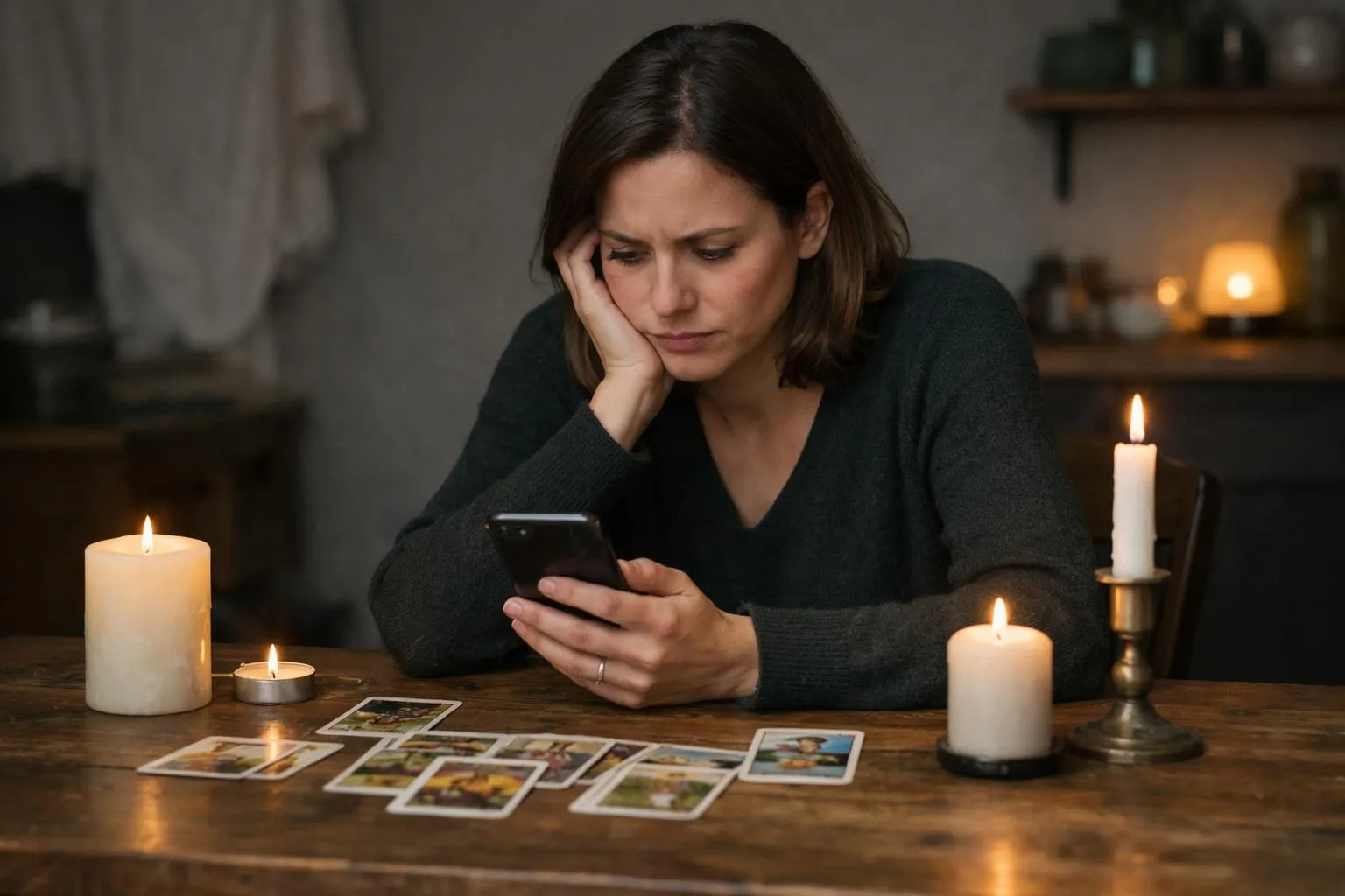 A person sitting alone at a wooden table in a dimly lit room, holding a mobile phone with visible concern on their face, while tarot cards and candles are arranged on the table, symbolizing the emotional turmoil and spiritual search after a romantic breakup for Spiritual/Occult Services related to relationship reconciliation