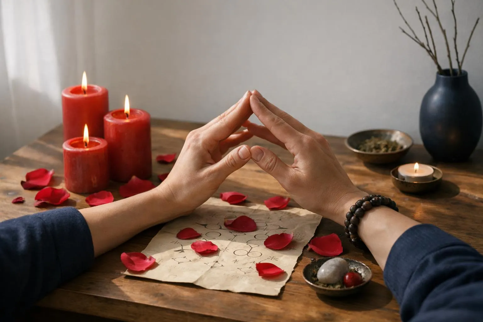 Personne disposant des bougies rouges, des pétales de rose et du papier manuscrit avec des symboles personnels sur une table d'autel en bois dans un intérieur doucement éclairé, les mains effectuant un geste rituel délibéré, l'éclairage naturel projetant
