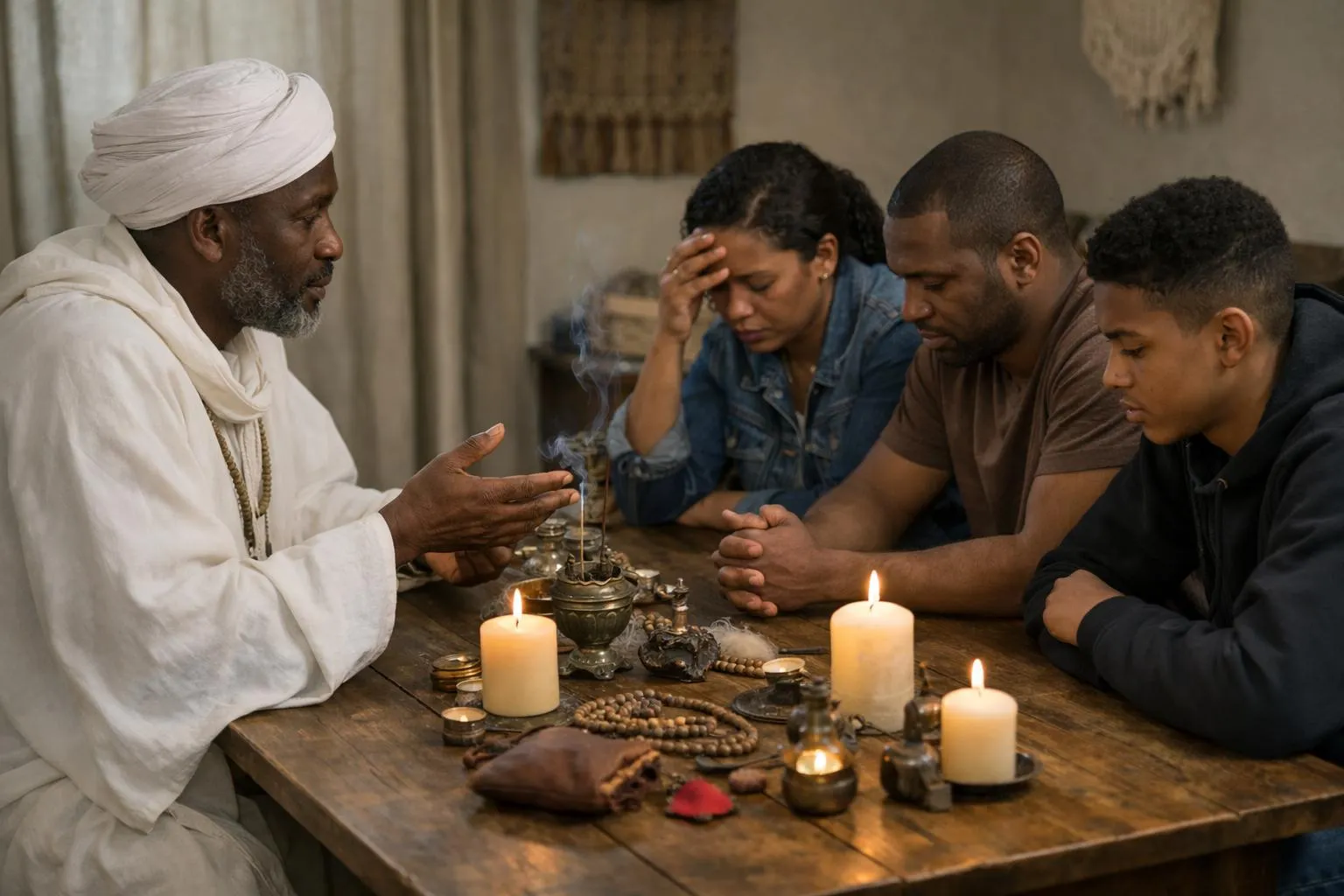 A dimly lit room with a traditional African marabout in flowing robes consulting with a distressed family group, spiritual objects like candles and symbolic talismans visible on a wooden table, warm amber lighting creating an atmosphere of contemplation and healing, photorealistic style showing the intersection of spiritual guidance and family conflict resolution
