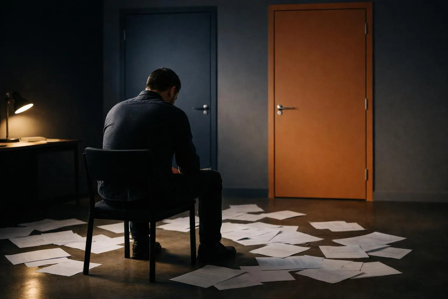 Une personne assise seule dans une pièce sombre, entourée de portes fermées et de documents éparpillés symbolisant les tentatives infructueuses, avec une atmosphère lourde et oppressante évoquant un blocage énergétique invisible, éclairage tamisé créant des ombres marquées