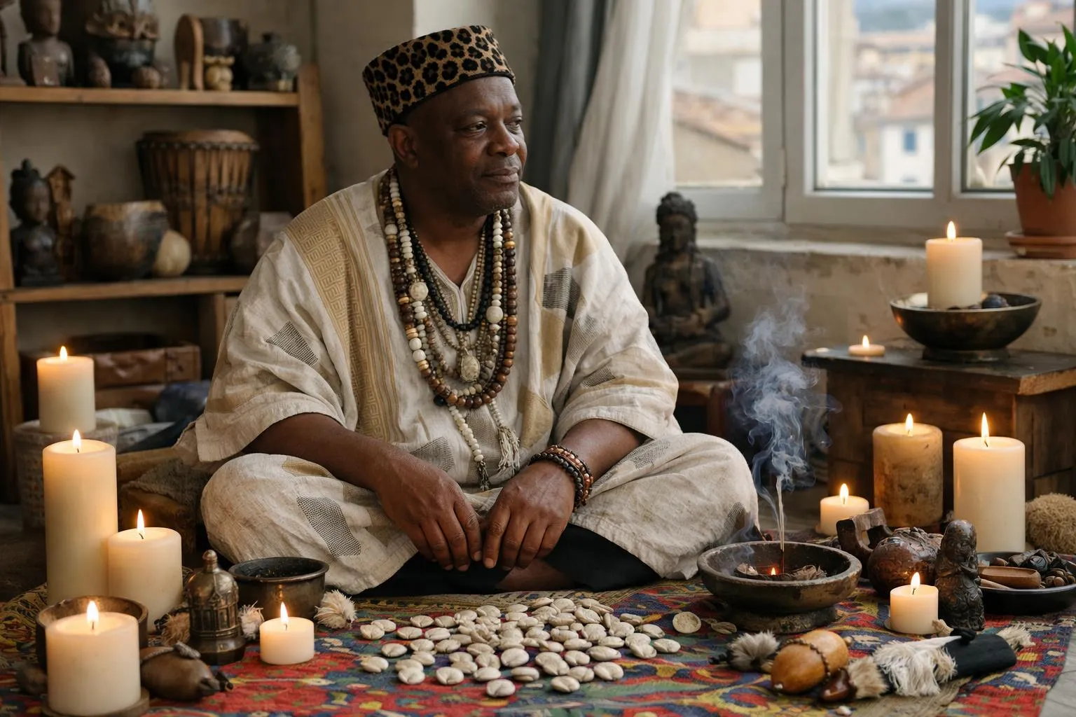 Consultation spirituelle intimiste dans un cabinet marseillais avec praticien africain en tenue traditionnelle, entouré de bougies allumées, encens fumant, cauris disposés sur tissu coloré et objets rituels authentiques, atmosphère chaleureuse et contemplative sans aucun texte visible