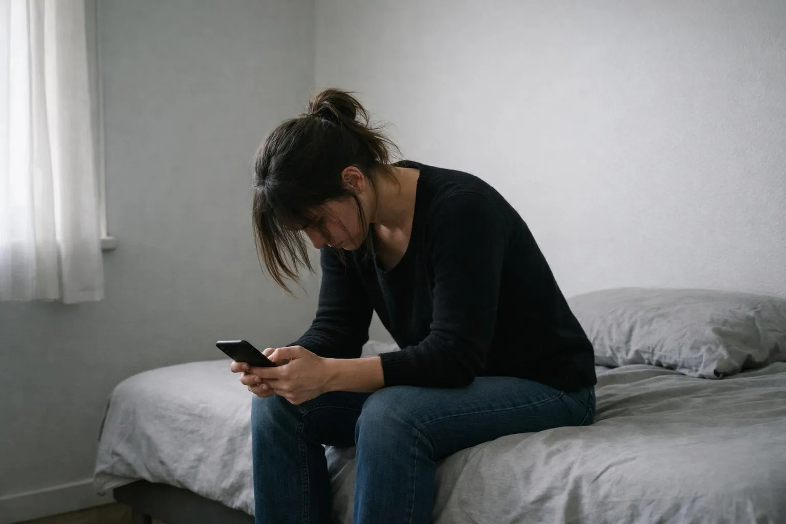 Personne assise seule dans une pièce sombre, tête baissée, téléphone à la main, exprimant la tristesse et le désespoir émotionnel après une rupture amoureuse