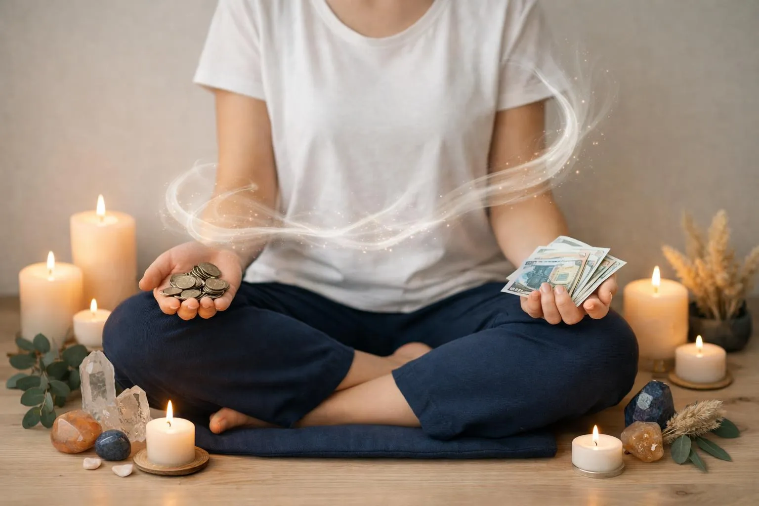 Personne assise en tailleur, tenant des pièces de monnaie et des billets de banque.