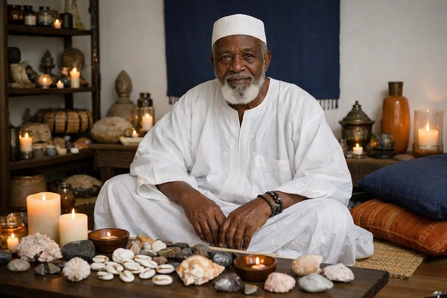 Homme âgé, barbe blanche, vêtements blancs, assis sur un tapis avec des bougies et des pierres.