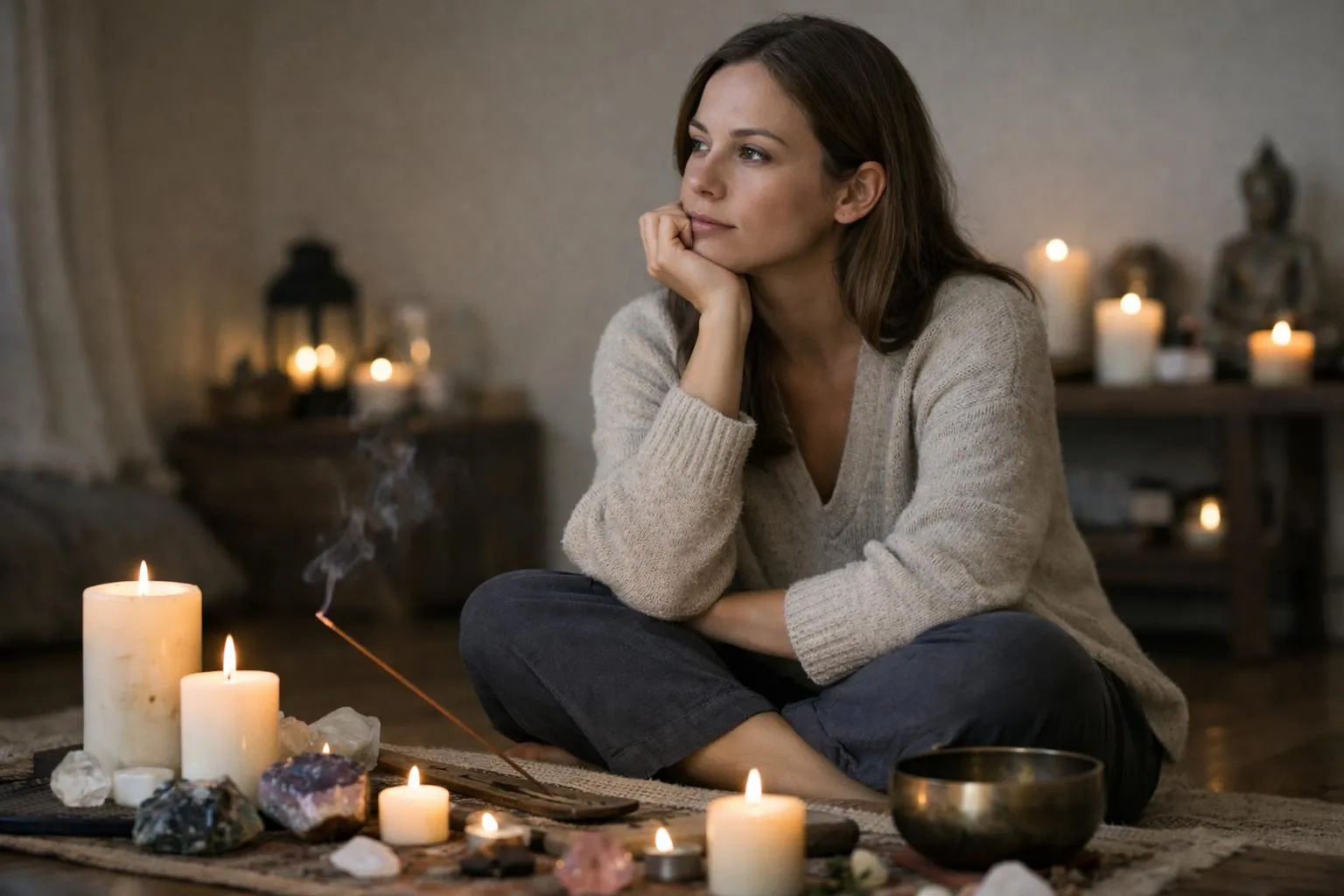 Femme pensive assise près de bougies allumées et cristaux.