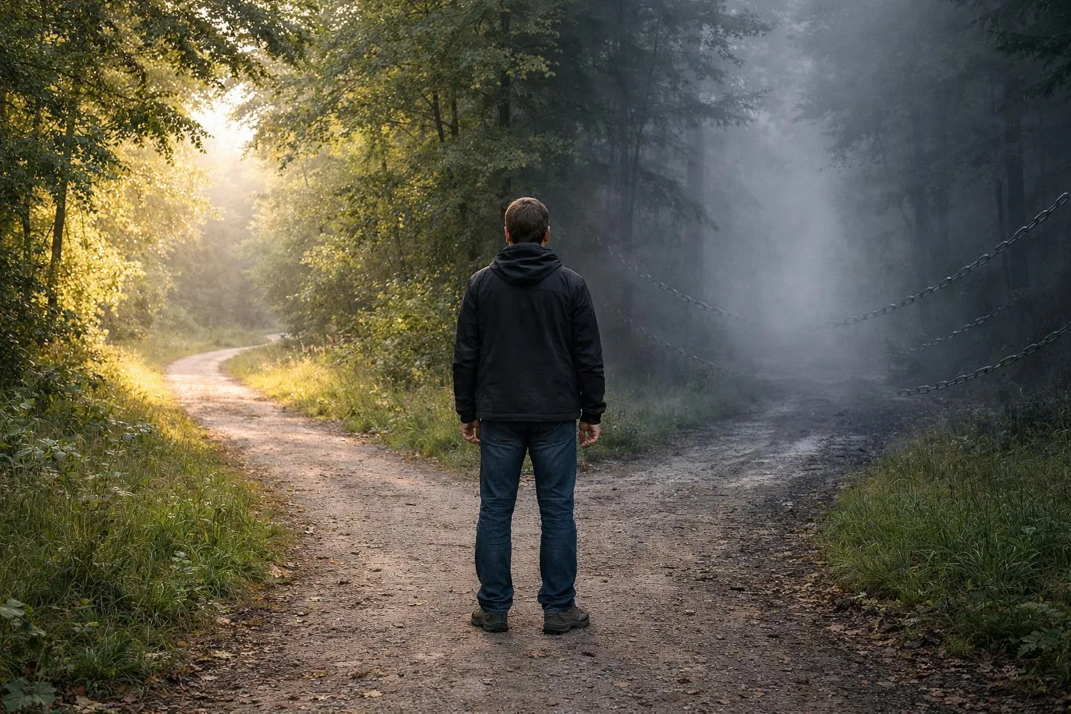 Homme seul marchant sur un chemin forestier brumeux et ensoleillé.