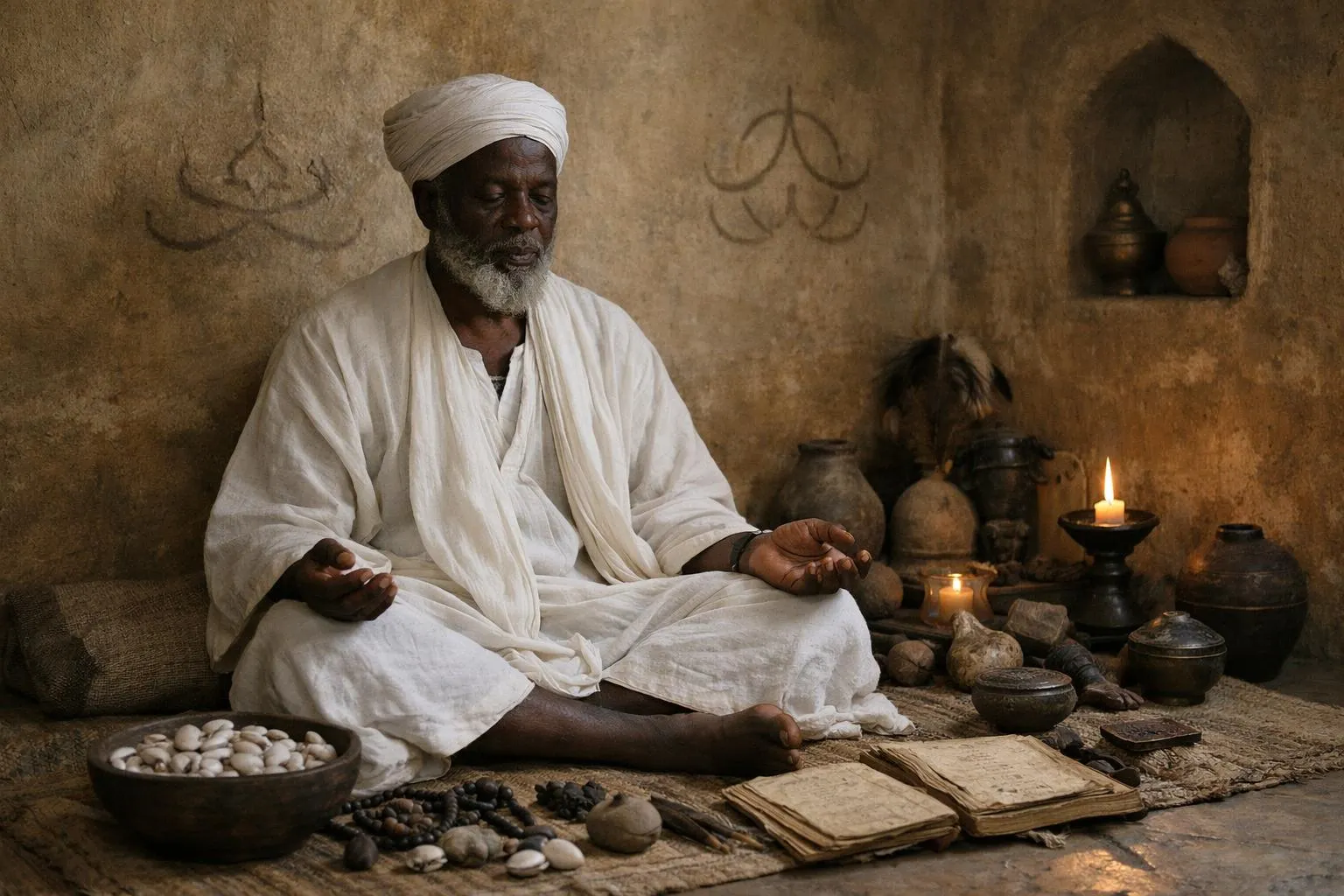 Homme âgé en tenue traditionnelle, méditant dans une pièce ancienne.
