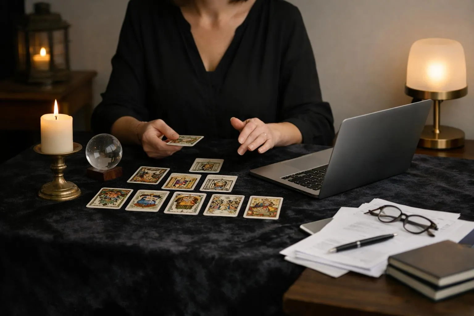 Femme en noir consultant des cartes de tarot sur une table sombre.